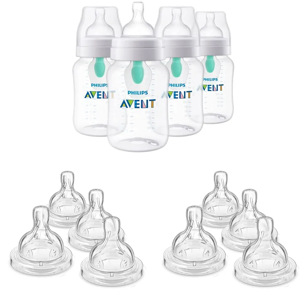 Philips AVENT Anti-Colic Baby Bottles with AirFree Vent (9oz, 4pk)   Anti-Colic Flow 3 & 4 Nipples (4pk each)