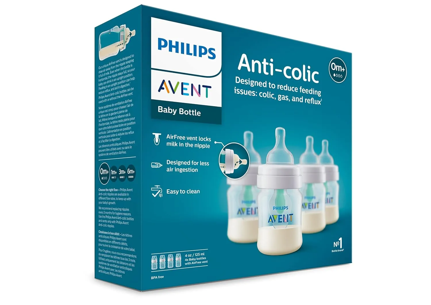 Philips Avent Anti-Colic Bottle with AirFree Vent, 4oz, with Flow 1 Nipples, 0m , 4pk, Clear, SCY701/04