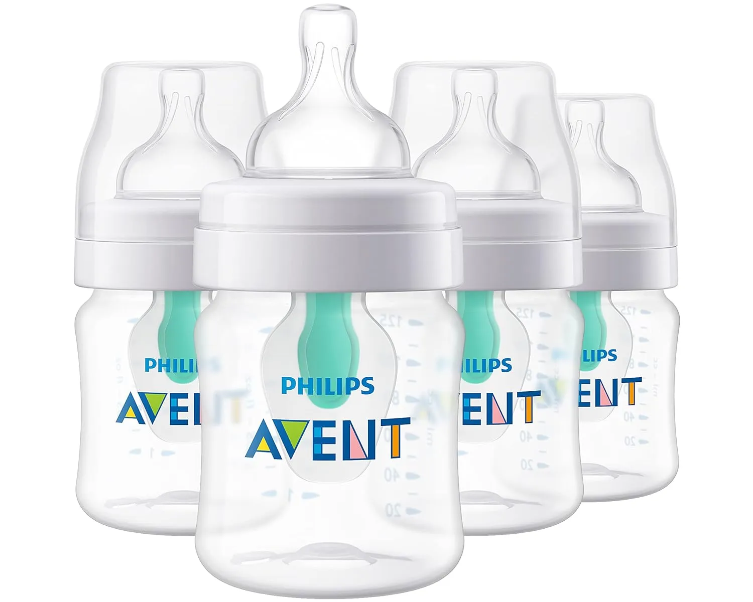 Philips Avent Anti-Colic Bottle with AirFree Vent, 4oz, with Flow 1 Nipples, 0m , 4pk, Clear, SCY701/04