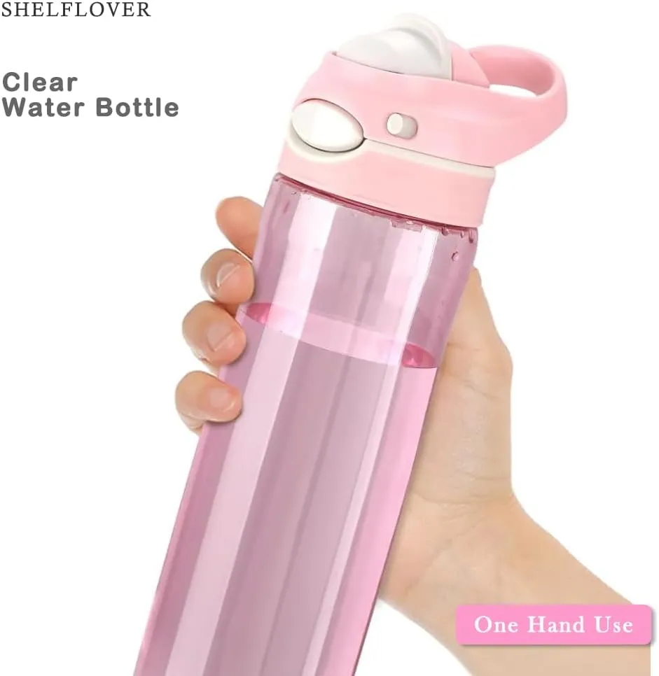 Pink Water Bottle No Straw, BPA FREE TRITAN, Lock Button Has Handle Clear Bottles, Wide Mouth Easy Clean for Women Office Travel Yoga, 24oz (750ml)