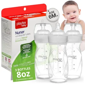 Playtex Baby Nurser Anti-Colic Baby Bottles – Closer to Breastfeeding with Drop-Ins® Liners, 8 oz Bottles, 3-Pack