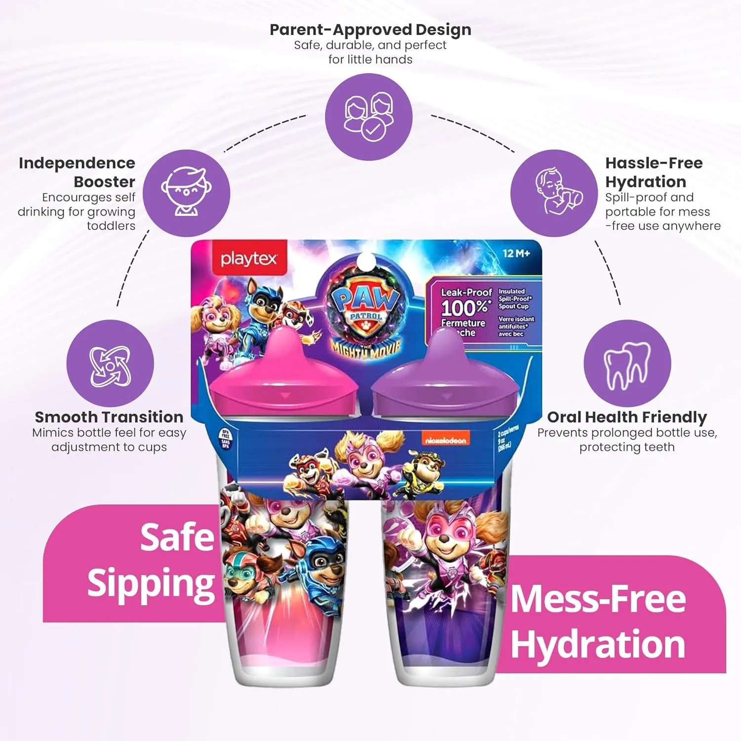 Playtex Baby Sipsters Stage 3 PAW Patrol Spout Cups, Spill-Proof, Leak-Proof, Break-Proof - Pink & Purple, 9 Oz, 2 Count