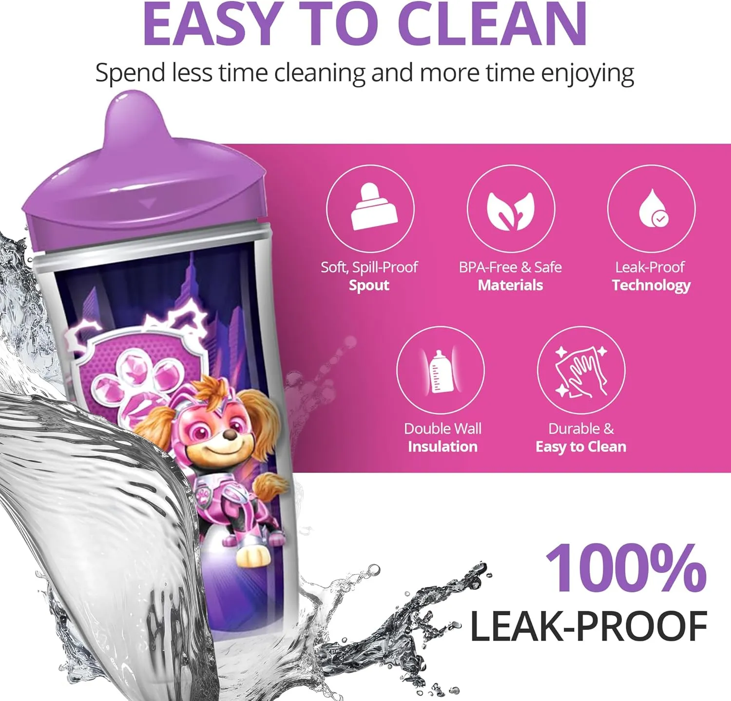 Playtex Baby Sipsters Stage 3 PAW Patrol Spout Cups, Spill-Proof, Leak-Proof, Break-Proof - Pink & Purple, 9 Oz, 2 Count