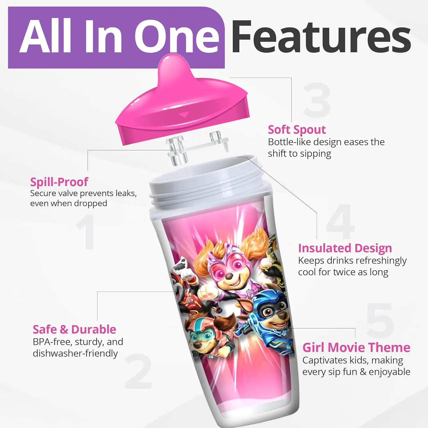 Playtex Baby Sipsters Stage 3 PAW Patrol Spout Cups, Spill-Proof, Leak-Proof, Break-Proof - Pink & Purple, 9 Oz, 2 Count