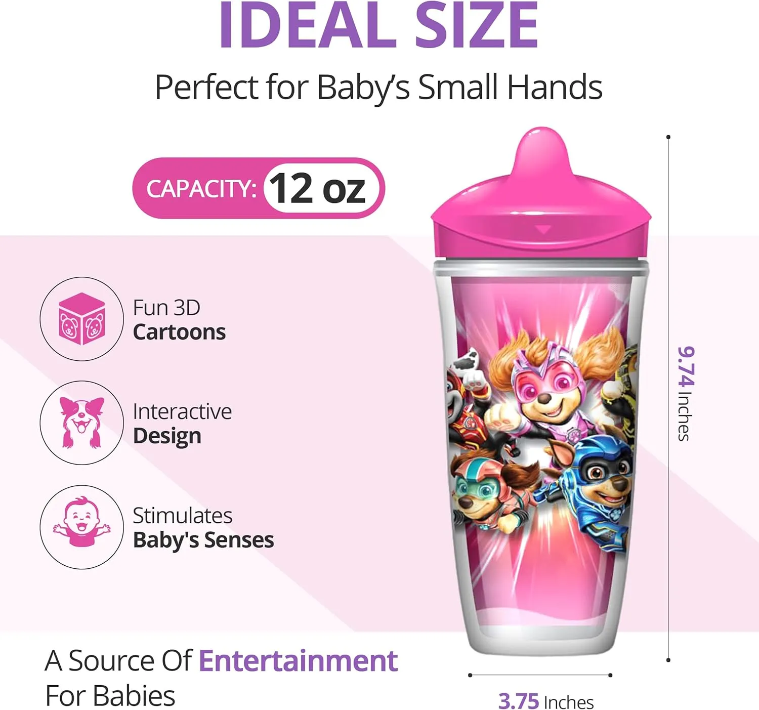Playtex Baby Sipsters Stage 3 PAW Patrol Spout Cups, Spill-Proof, Leak-Proof, Break-Proof - Pink & Purple, 9 Oz, 2 Count