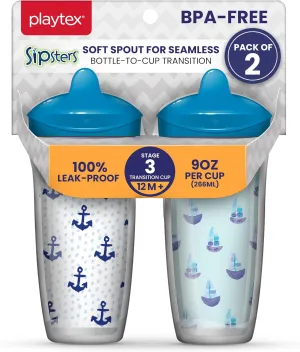 Playtex Baby Sipsters Stage 3 Spill-Proof, Leak-Proof, Break-Proof Spout Cup for Boys - Blue, Limited Edition, 9 Oz, 2 Count