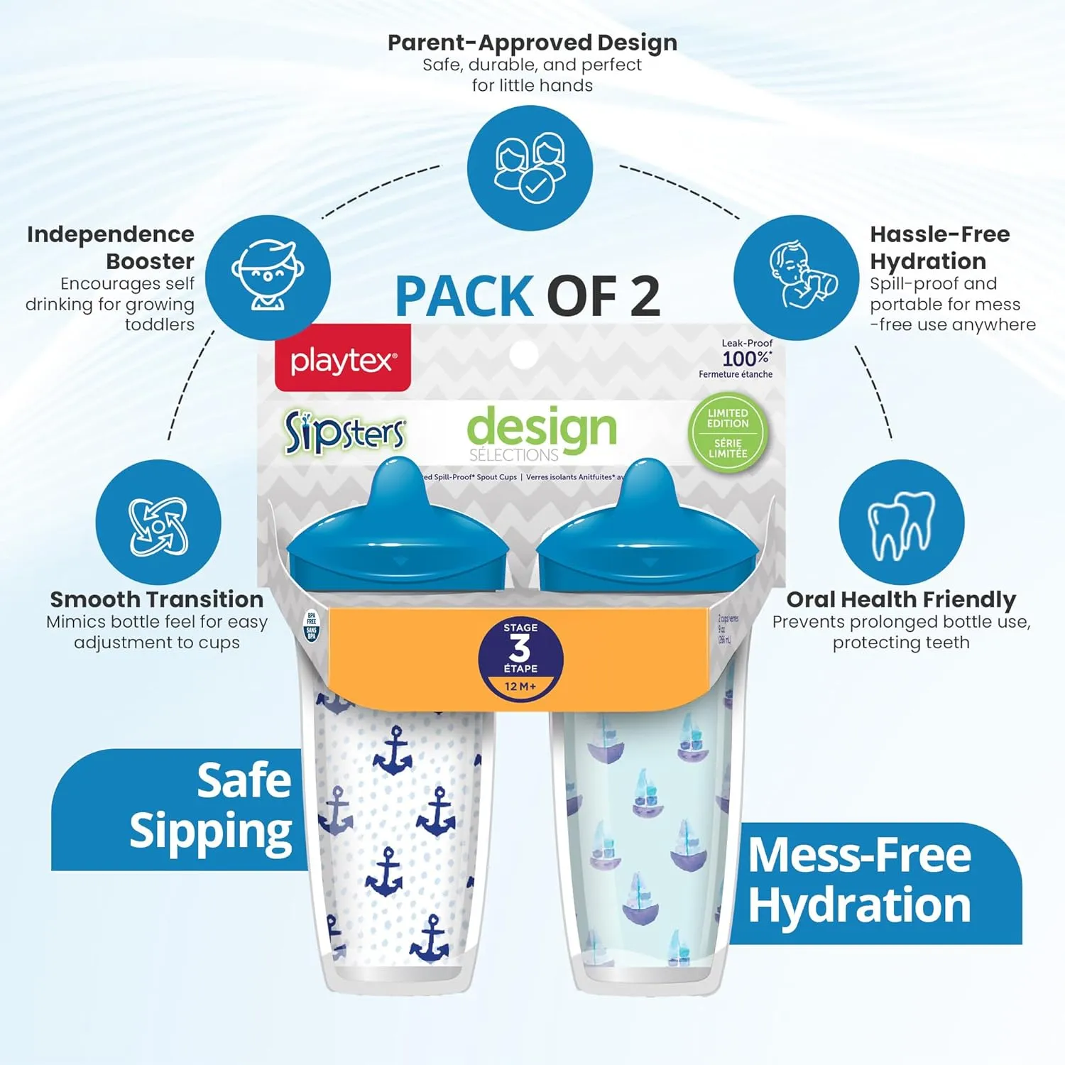 Playtex Baby Sipsters Stage 3 Spill-Proof, Leak-Proof, Break-Proof Spout Cup for Boys - Blue, Limited Edition, 9 Oz, 2 Count