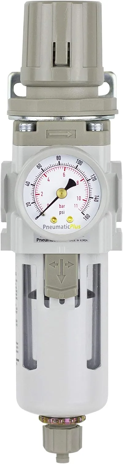 PneumaticPlus SAW300-N03BG Compressed Air Filter Regulator Piggyback Combo 3/8" NPT - Poly Bowl, Manual Drain, Bracket, Gauge