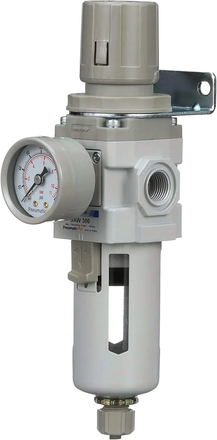 PneumaticPlus SAW300-N03BG Compressed Air Filter Regulator Piggyback Combo 3/8" NPT - Poly Bowl, Manual Drain, Bracket, Gauge