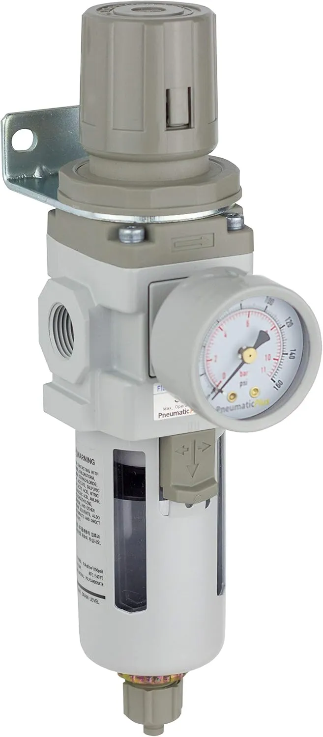 PneumaticPlus SAW300-N03BG Compressed Air Filter Regulator Piggyback Combo 3/8" NPT - Poly Bowl, Manual Drain, Bracket, Gauge