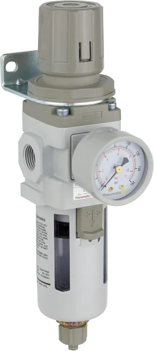 PneumaticPlus SAW300-N03BG Compressed Air Filter Regulator Piggyback Combo 3/8" NPT - Poly Bowl, Manual Drain, Bracket, Gauge