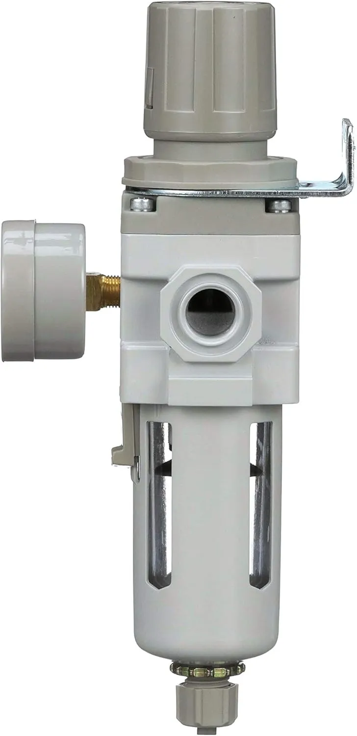 PneumaticPlus SAW300-N03BG Compressed Air Filter Regulator Piggyback Combo 3/8" NPT - Poly Bowl, Manual Drain, Bracket, Gauge