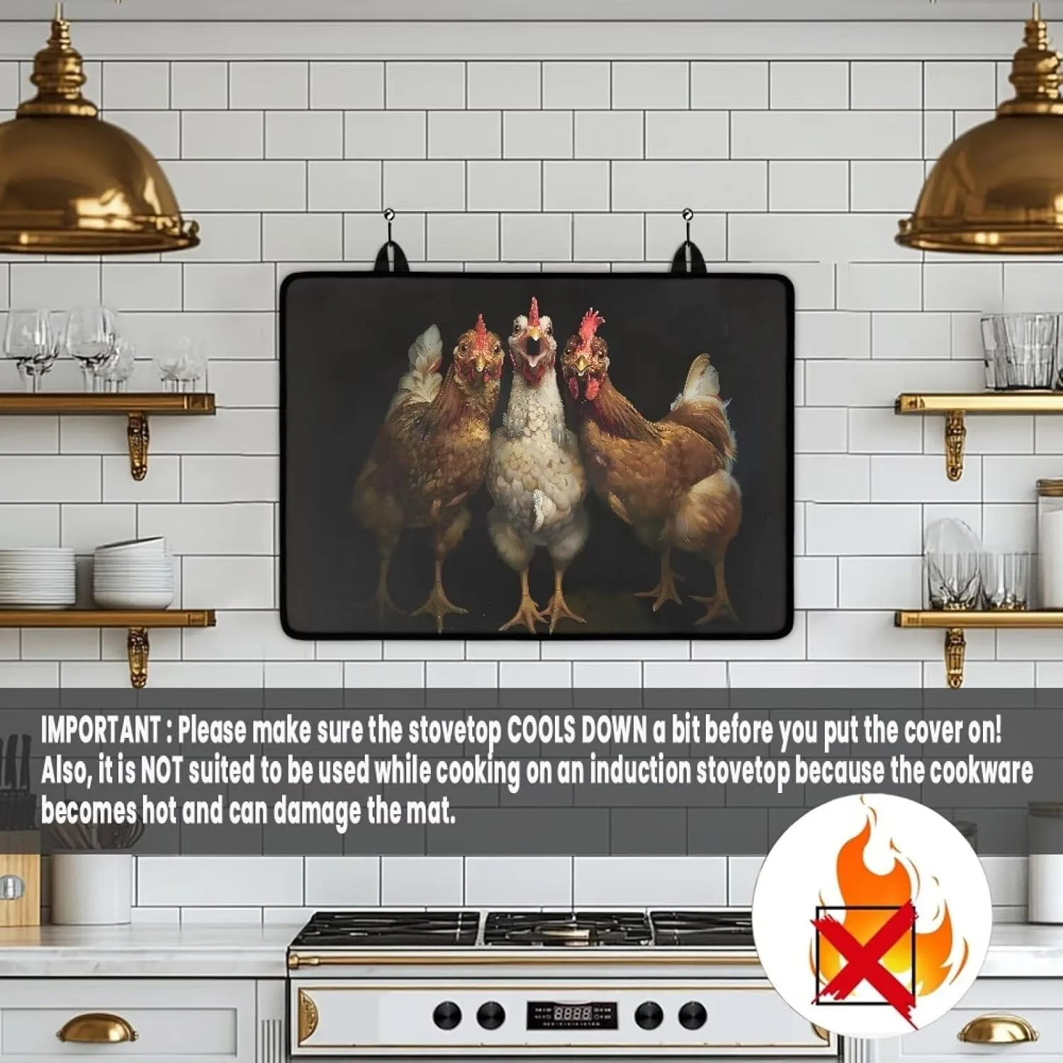 Poceacles Glass Top Stove Cover for Electric Stove, Foldable Cooktop Protector Multipurpose Mat Washer Dryer Top Protector Kitchen Decor Accessories, Funny Rooster Black