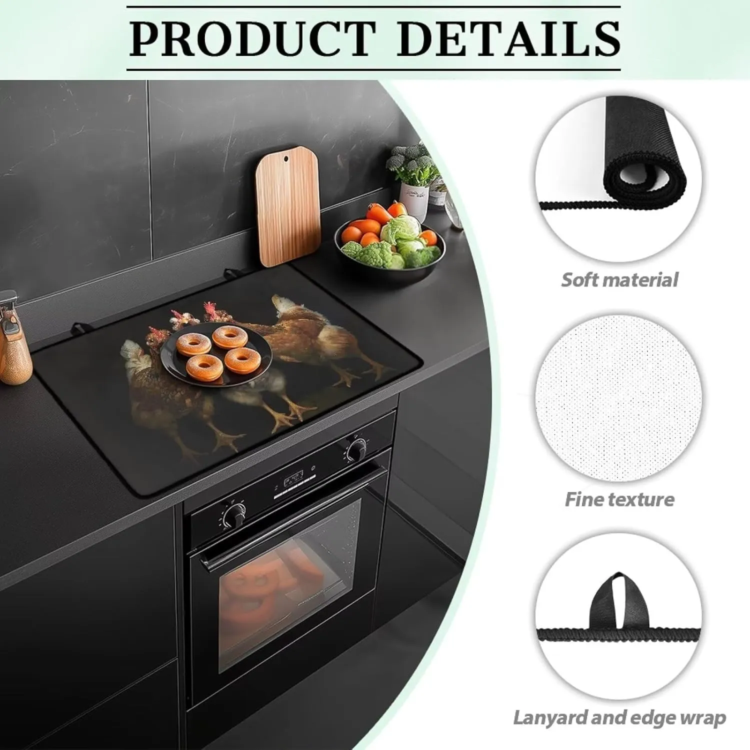 Poceacles Glass Top Stove Cover for Electric Stove, Foldable Cooktop Protector Multipurpose Mat Washer Dryer Top Protector Kitchen Decor Accessories, Funny Rooster Black