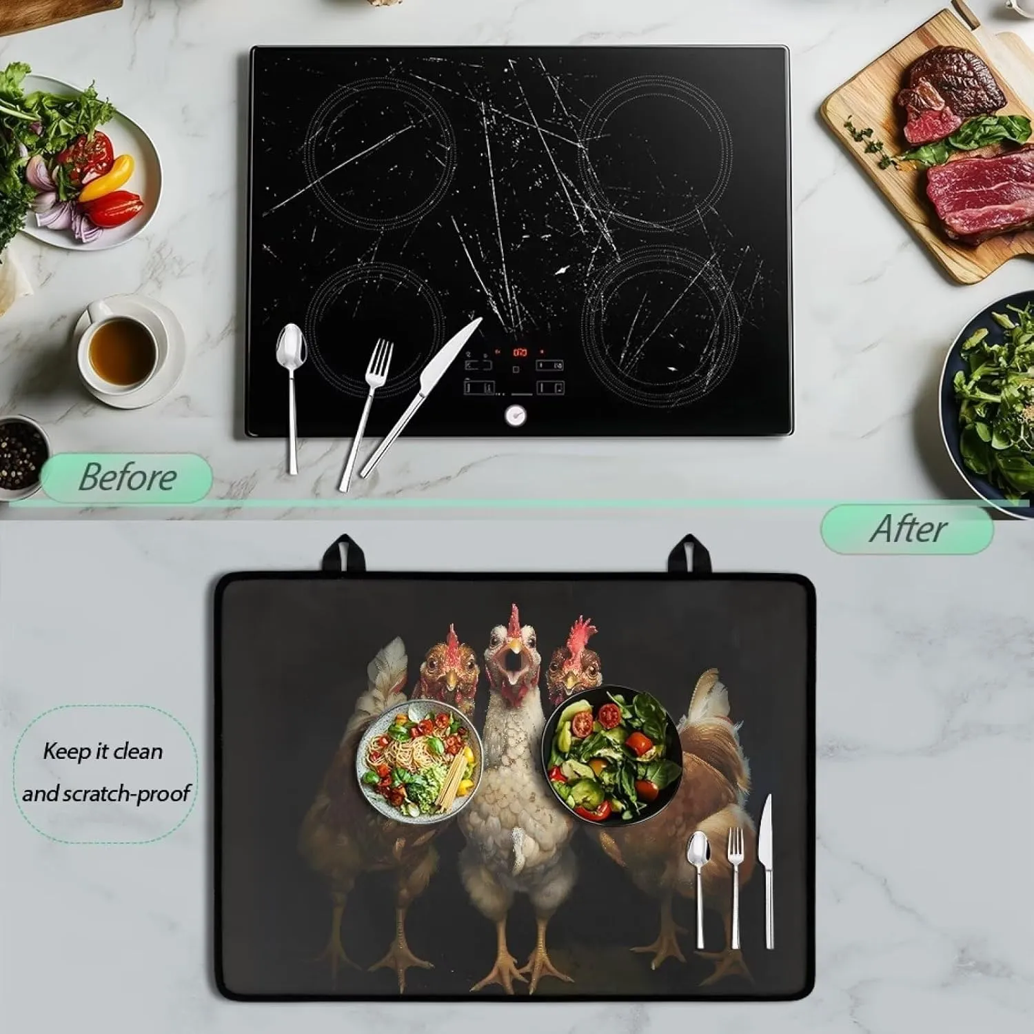 Poceacles Glass Top Stove Cover for Electric Stove, Foldable Cooktop Protector Multipurpose Mat Washer Dryer Top Protector Kitchen Decor Accessories, Funny Rooster Black