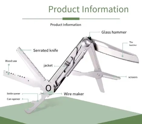 Pocket Multitool Knife 8-in-1 Stainless Steel Multitool Knife Saw Scissors Can&Bottle Opener Wire Stripper Glass Breake