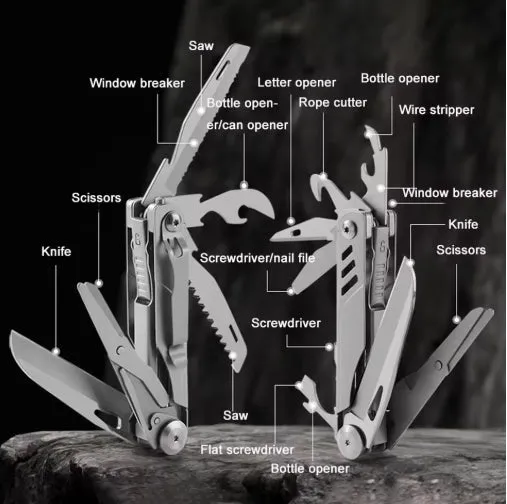 Pocket Multitool Knife 8-in-1 Stainless Steel Multitool Knife Saw Scissors Can&Bottle Opener Wire Stripper Glass Breake