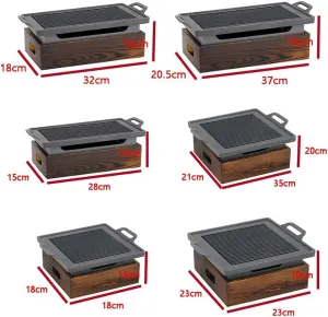 Portable BBQ Grill Tabletop Alcohol Stove, Hotel Japanese Style Barbecue Plate Charcoal Grill, Dining Table-top Hibachi with Wooden Base,23x23x10cm