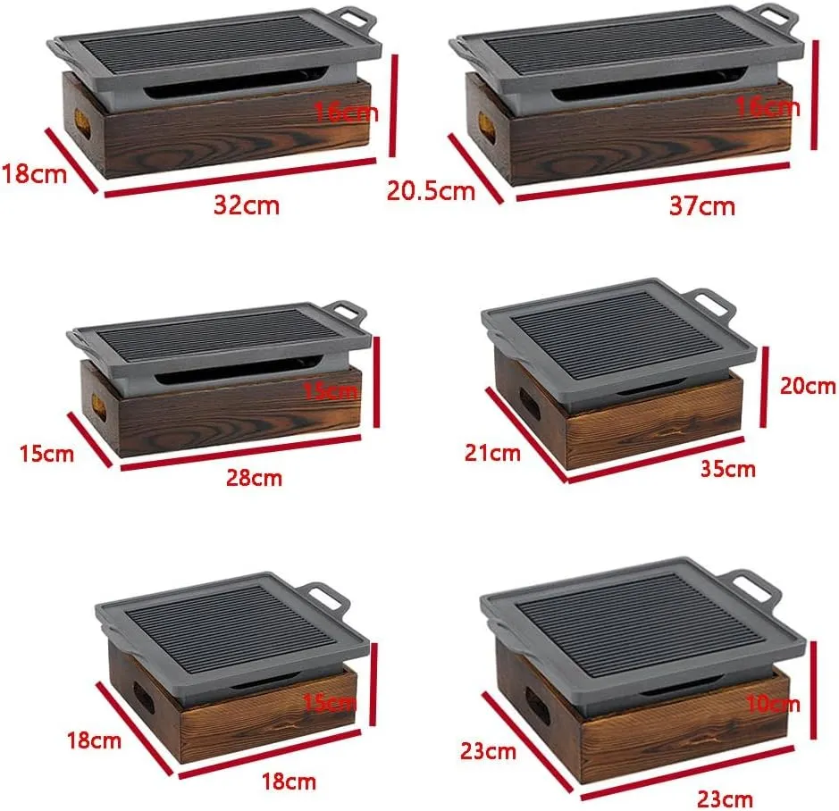 Portable BBQ Grill Tabletop Alcohol Stove, Hotel Japanese Style Barbecue Plate Charcoal Grill, Dining Table-top Hibachi with Wooden Base,23x23x10cm
