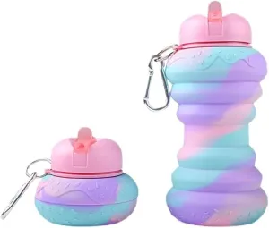 Portable Kettle Silicone Portable Water Bottle Camping Cup with Carabiner Folding Water Cup Sports Gym Hiking Outdoor Kettle Water Bottle (Color : Pink, Size : 600ml)