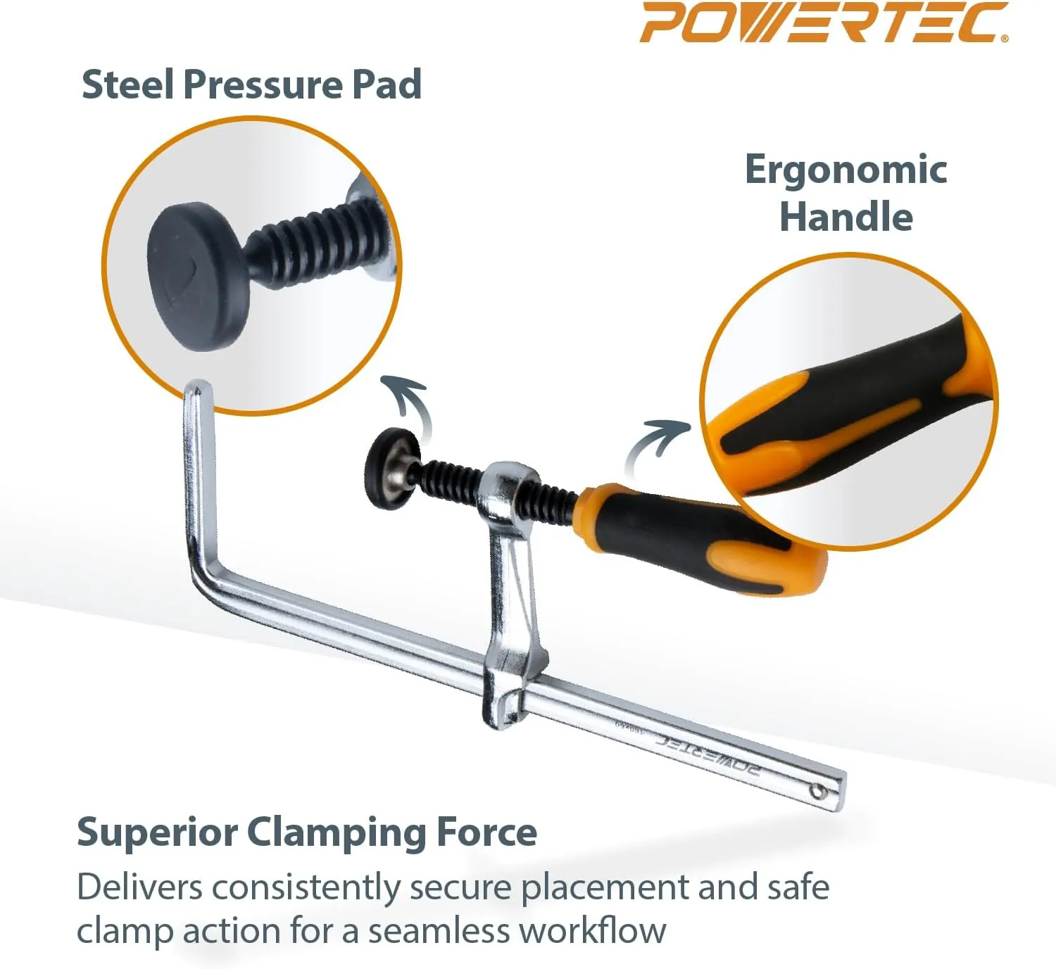 POWERTEC 4PK Quick Screw Guide Rail Clamp for MFT Table and Track Saw Guide Rail System, 7” Capacity x 2-3/8” Throat Depth, 400lbs Clamping Force (71409-P2)