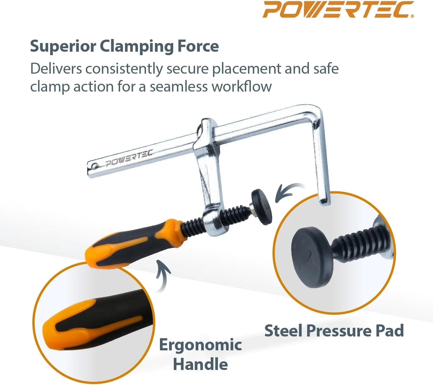 POWERTEC 71410 Quick Screw Guide Rail Clamp for MFT Table and Track Saw Guide Rail System, 5-3/8” Capacity x 2-3/8” Throat Depth, 400lbs Clamping Force, 2 Pack