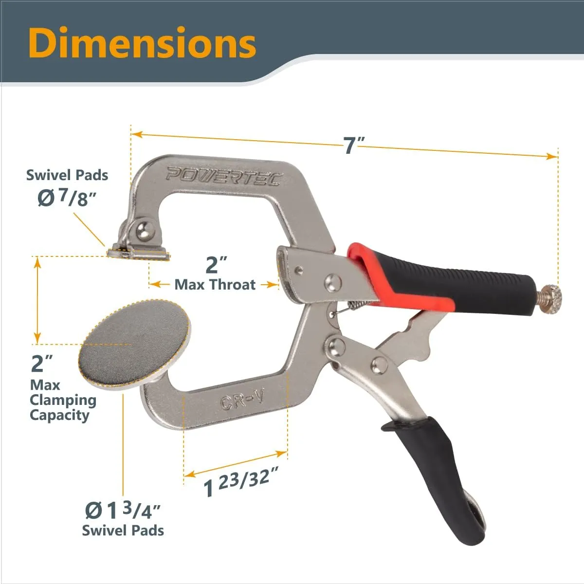 POWERTEC 71641 2-Inch, Face Clamps, C-Clamp with Ergonomic Grip and Adjustable Swivel Pads for Woodworking, Pocket Hole Joinery - 2PK, Black