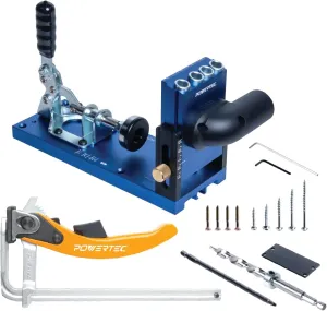 POWERTEC 72104 Aluminum Pocket Hole Jig Set with 7" Quick Release Ratcheting Table Clamp | Joinery Woodworking Jig Tool with Base, 1-1/4" Dust Port and Hardware