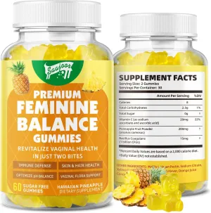 Premium Feminine Balance Gummies for Women's Immune Health, Hawaiian Pineapple Gummies Support pH Balance & Immune Support, Vegan, Gluten-Free, 60 Gummies ﻿