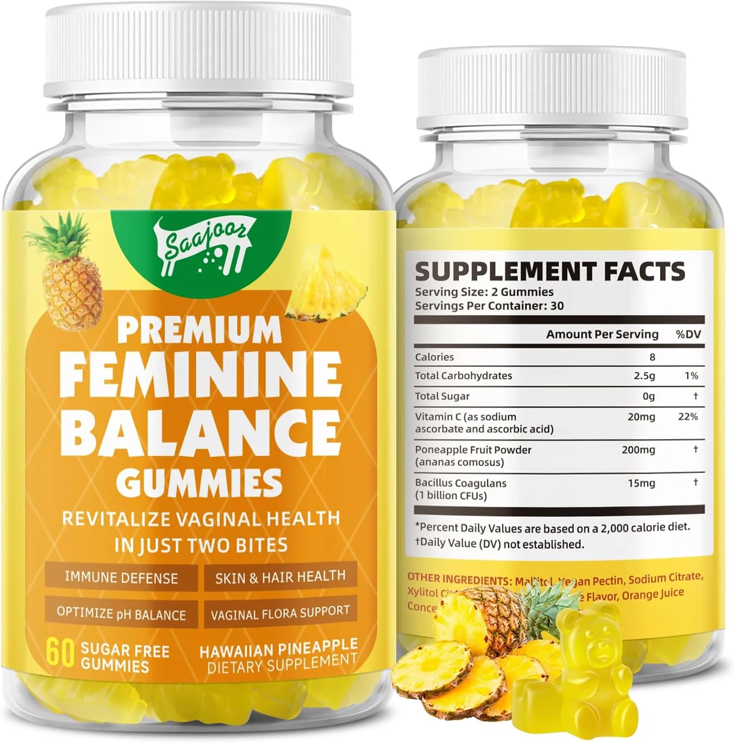 Premium Feminine Balance Gummies for Women's Immune Health, Hawaiian Pineapple Gummies Support pH Balance & Immune Support, Vegan, Gluten-Free, 60 Gummies ﻿