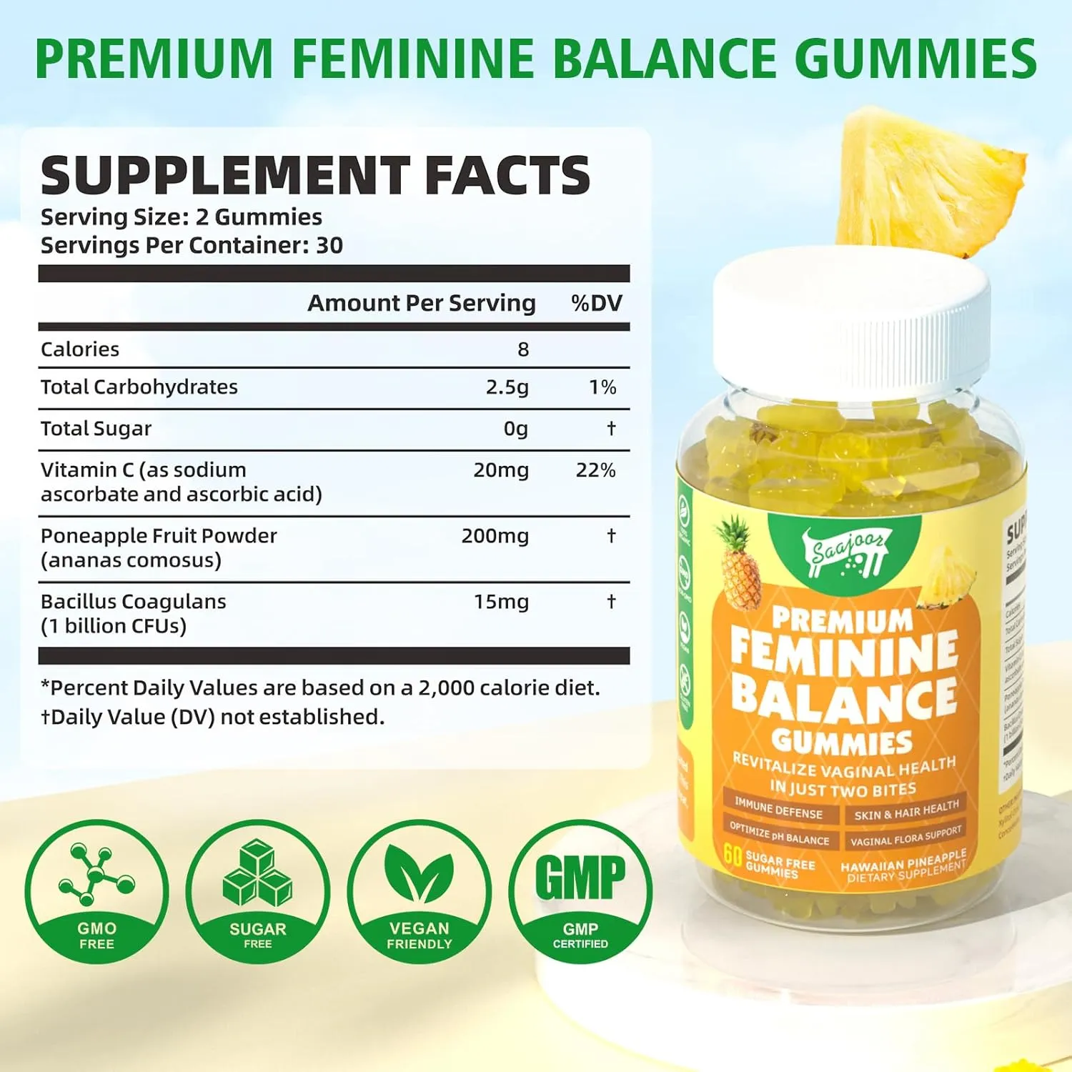 Premium Feminine Balance Gummies for Women's Immune Health, Hawaiian Pineapple Gummies Support pH Balance & Immune Support, Vegan, Gluten-Free, 60 Gummies ﻿
