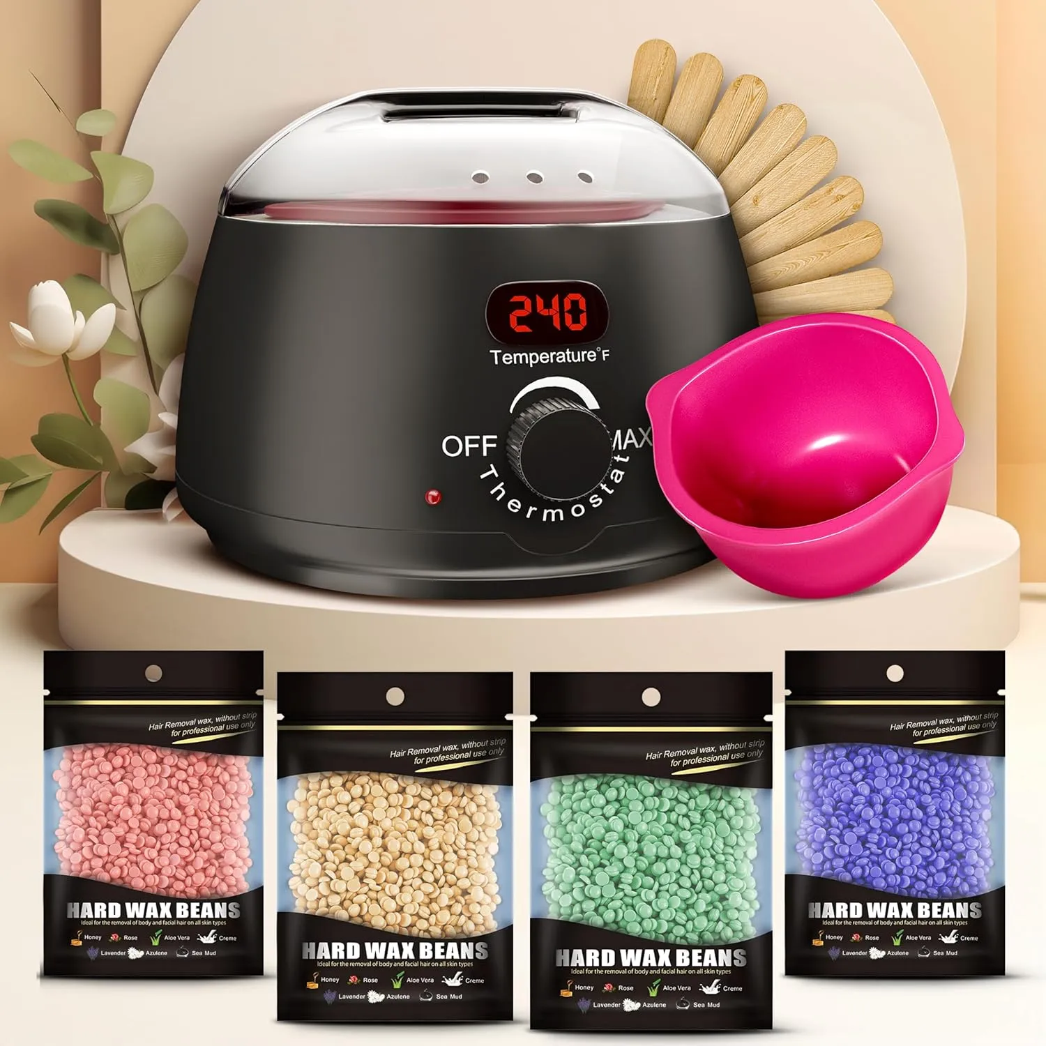 Premium Waxing Kit with 4 Pack Hard Wax Beads, 20 Sticks Silicone Accessories, and Warmer for Efficient Hair Removal, Sensitive Skin, Wax for Perfect Brows, Bikini, Legs, Black
