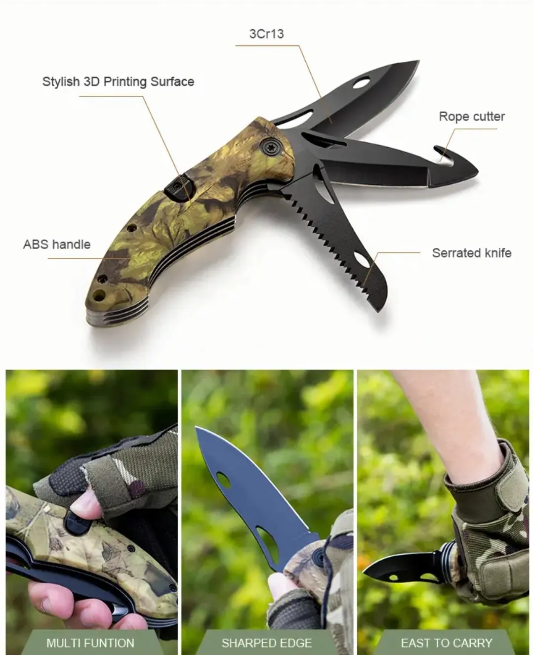 PrepPro Tri-Edge Folding Hunting Knife – 3Cr13 Steel | Multi-Function Camo Edition