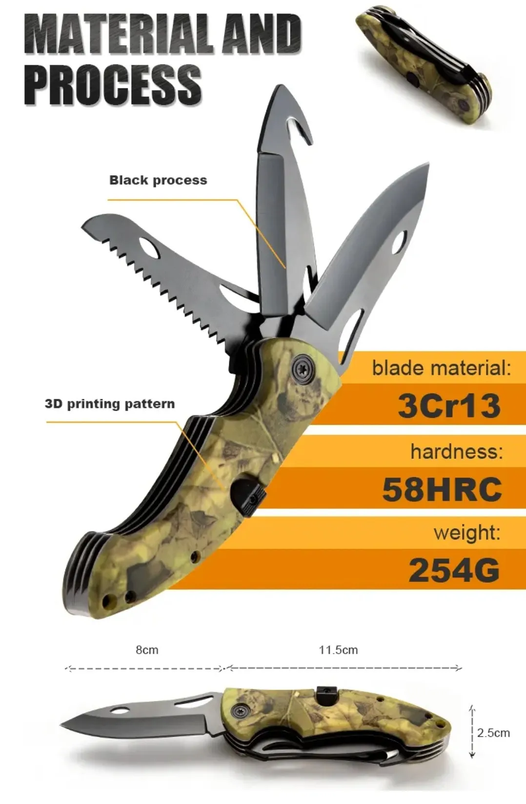 PrepPro Tri-Edge Folding Hunting Knife – 3Cr13 Steel | Multi-Function Camo Edition
