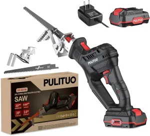 PULITUO Reciprocating Saw Cordless, 20V Max 3000SPM Power Reciprocating Saws Compact Design, with 2000mAh Li-Ion battery, Clamp Jaw, Electric Saw Battery Powered For Wood/Trees Cutting