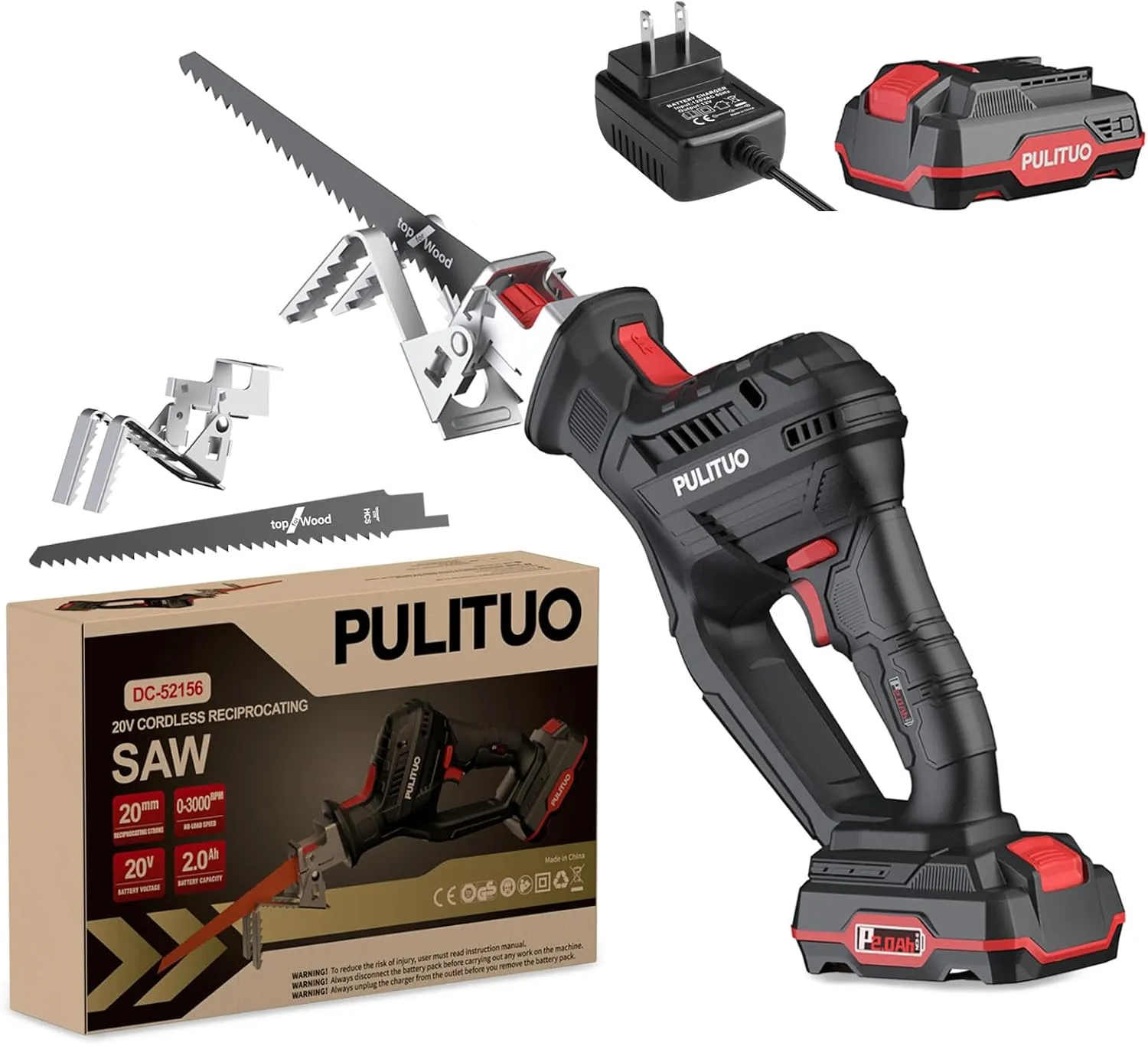 PULITUO Reciprocating Saw Cordless, 20V Max 3000SPM Power Reciprocating Saws Compact Design, with 2000mAh Li-Ion battery, Clamp Jaw, Electric Saw Battery Powered For Wood/Trees Cutting