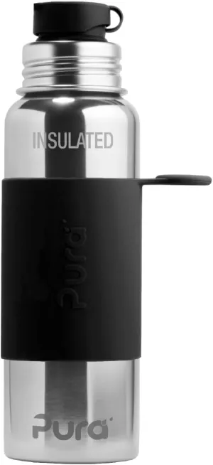 Pura Insulated Stainless Steel 22oz Sport Water Bottle | BPA Free & Plastic Free Silicone Sleeve & Spill Proof Lid for Kids & Adults - Black