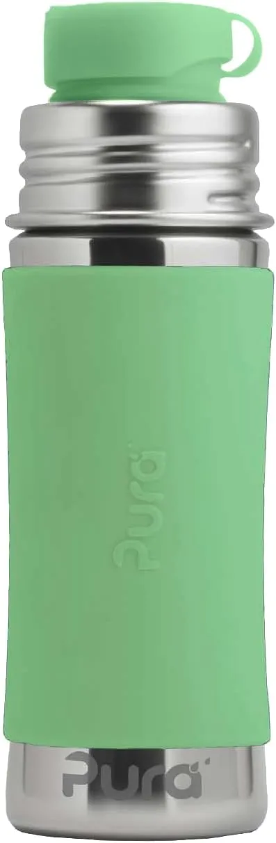 Pura Sport Mini 11oz/325ml Bottle w/Sleeve & Silicone Big Mouth Sport Top - Stainless Steel, Leak-Proof & Spill-Proof for Kids, Toddlers, Preschoolers - Moss