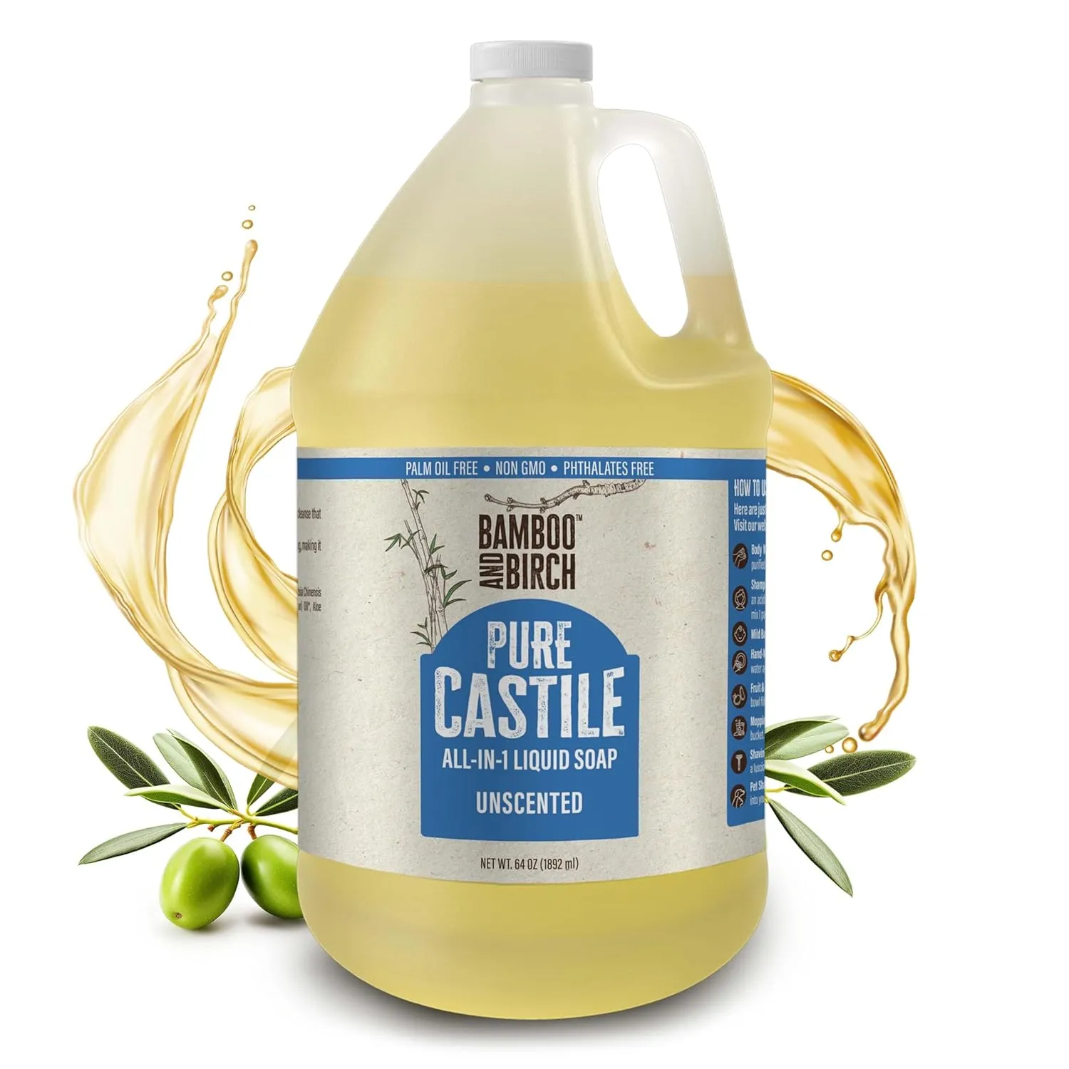 Pure Castile Soap Liquid Organic, Certified Palm Oil Free Natural Soap, Unscented, 64 oz
