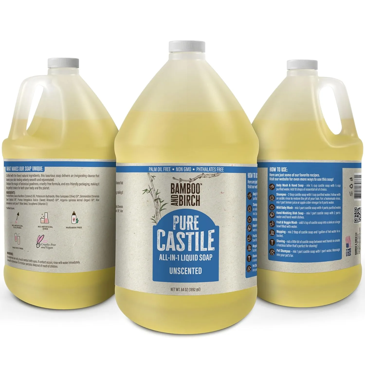 Pure Castile Soap Liquid Organic, Certified Palm Oil Free Natural Soap, Unscented, 64 oz