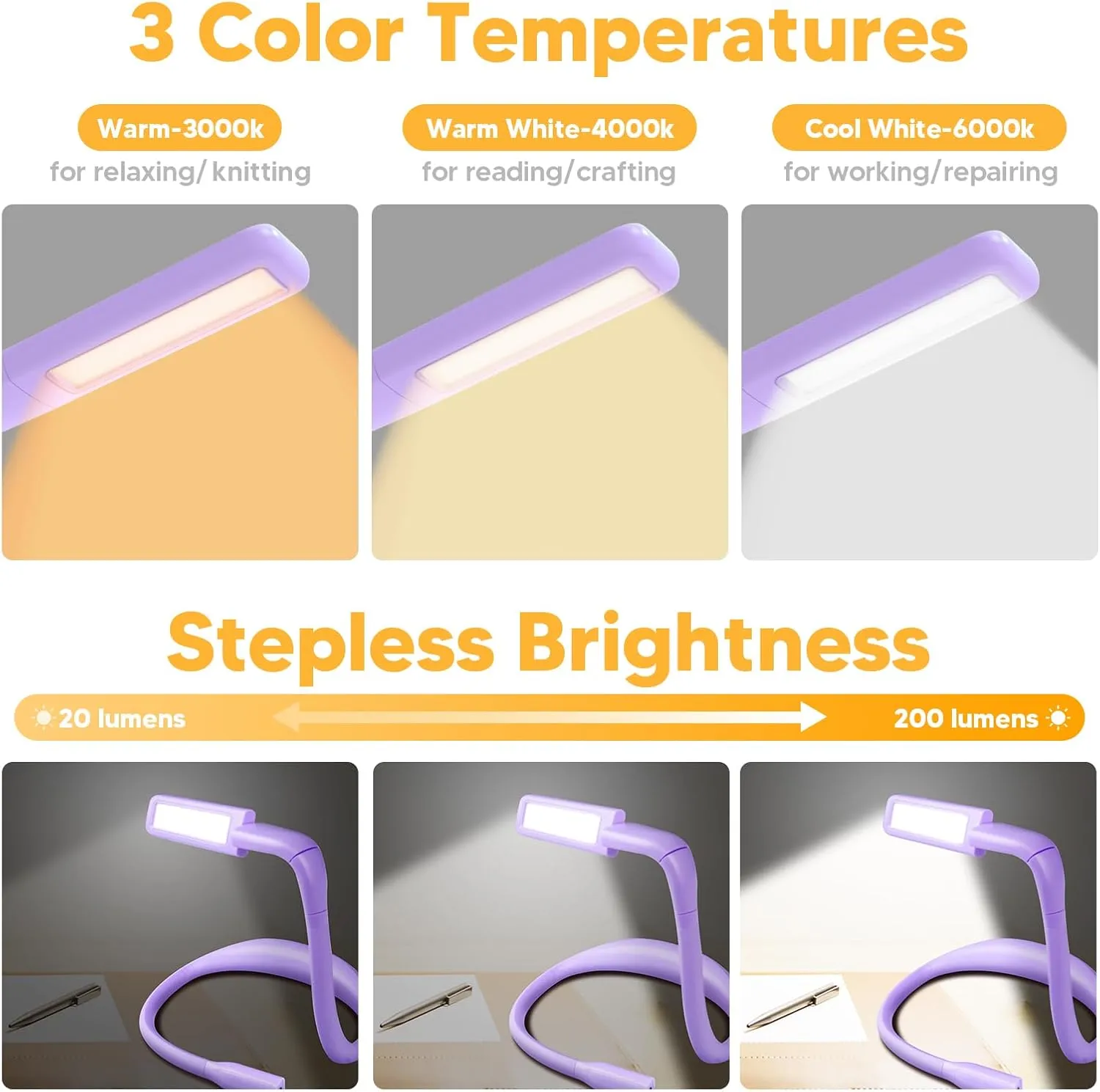 Purple Neck Light with Storage Case - Eye-friendly Book Reading & Craft Light, Rechargeable, Adjustable - Perfect for Book Lovers, Knitters & Crafters