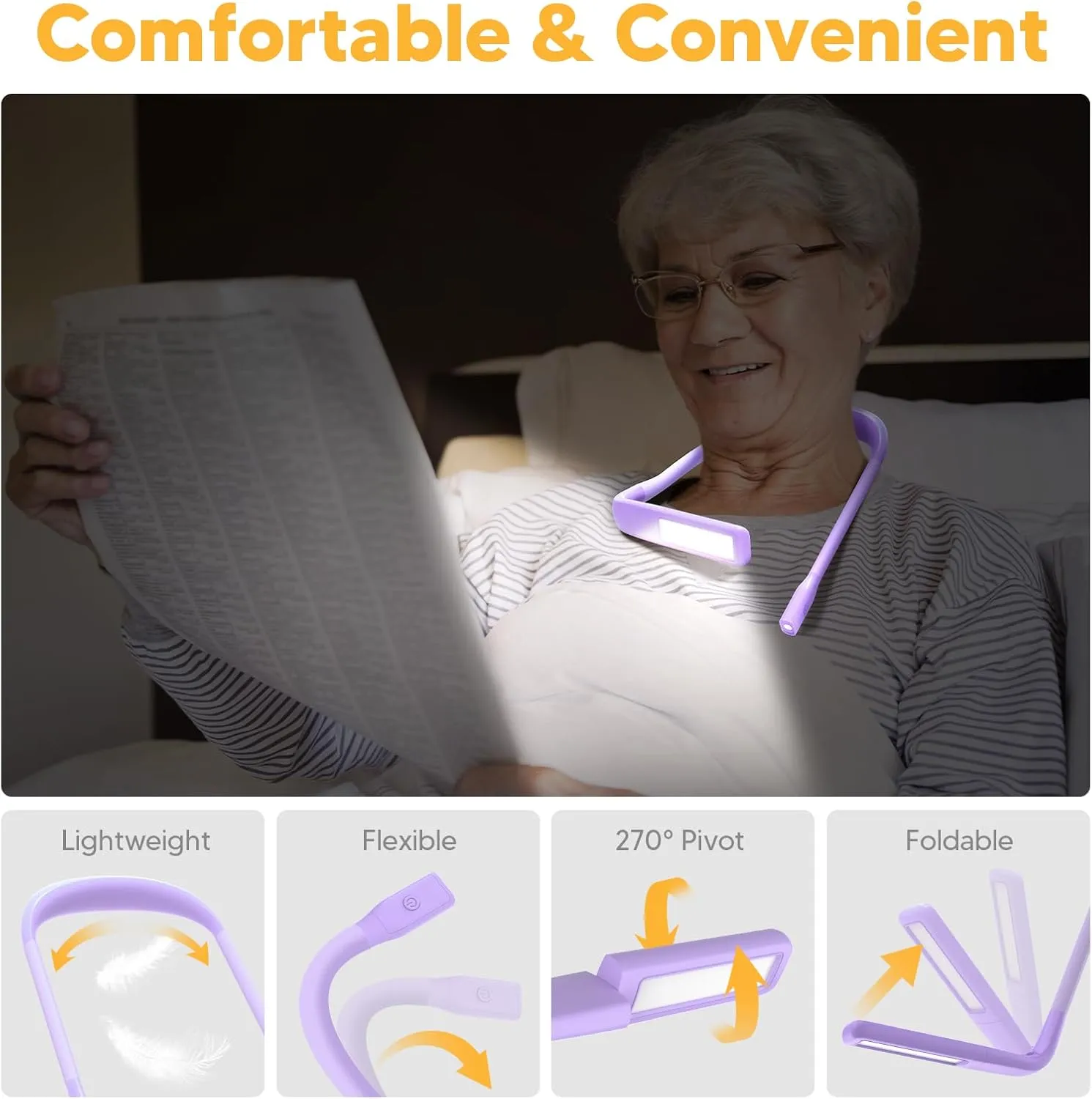 Purple Neck Light with Storage Case - Eye-friendly Book Reading & Craft Light, Rechargeable, Adjustable - Perfect for Book Lovers, Knitters & Crafters