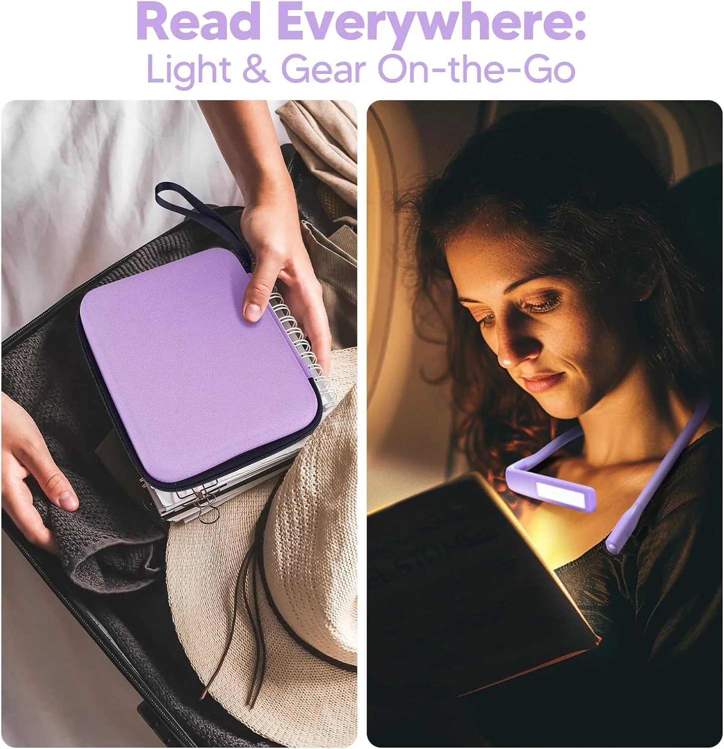 Purple Neck Light with Storage Case - Eye-friendly Book Reading & Craft Light, Rechargeable, Adjustable - Perfect for Book Lovers, Knitters & Crafters