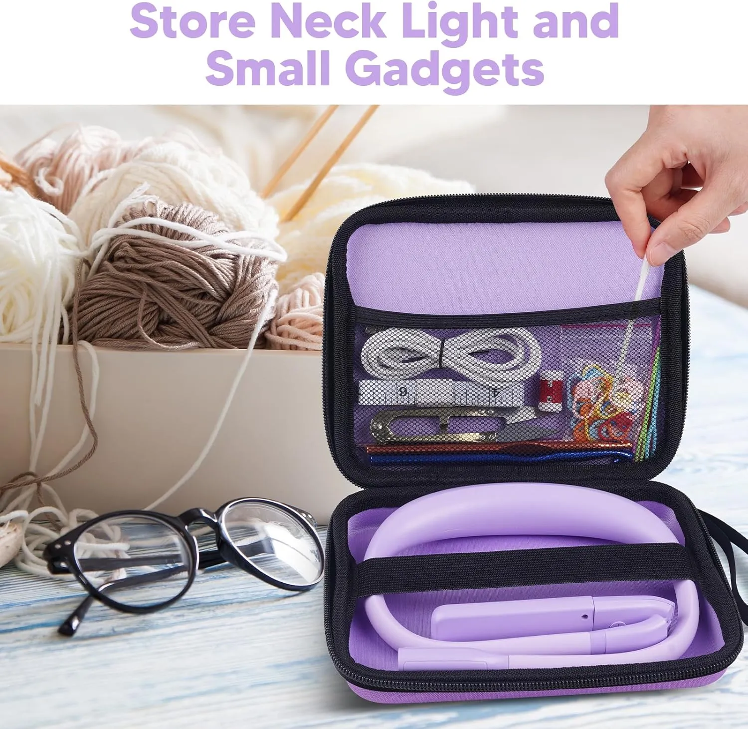 Purple Neck Light with Storage Case - Eye-friendly Book Reading & Craft Light, Rechargeable, Adjustable - Perfect for Book Lovers, Knitters & Crafters