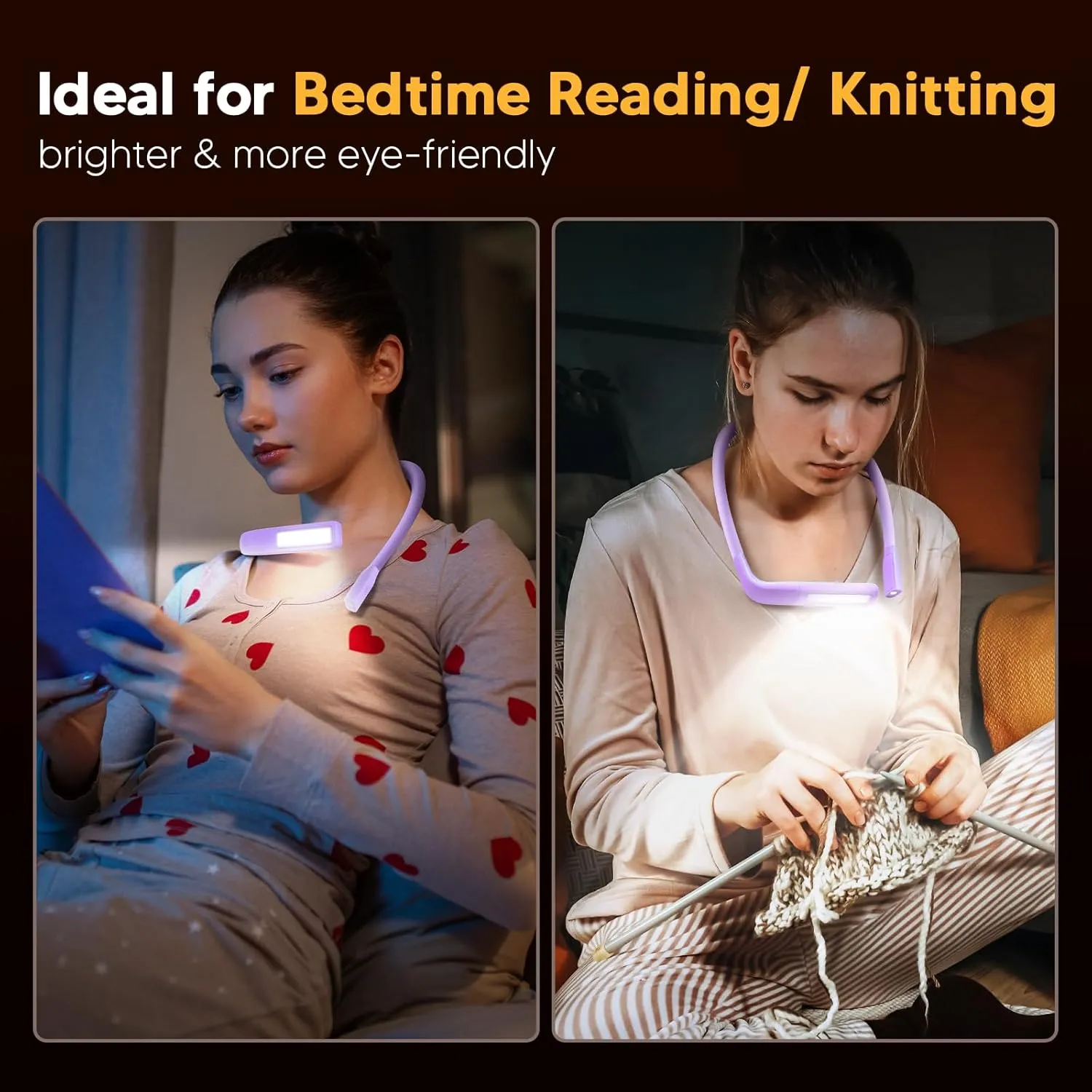 Purple Neck Light with Storage Case - Eye-friendly Book Reading & Craft Light, Rechargeable, Adjustable - Perfect for Book Lovers, Knitters & Crafters