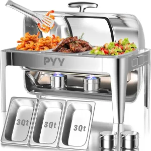 PYY Chafing Dishes for Buffet 9QT - Roll Top Chafing Dish Buffet Set with Third Chafing Pans, Commercial Stainless Steel Buffet Servers and Warmers Chafer for Catering, Parties and Restaurants