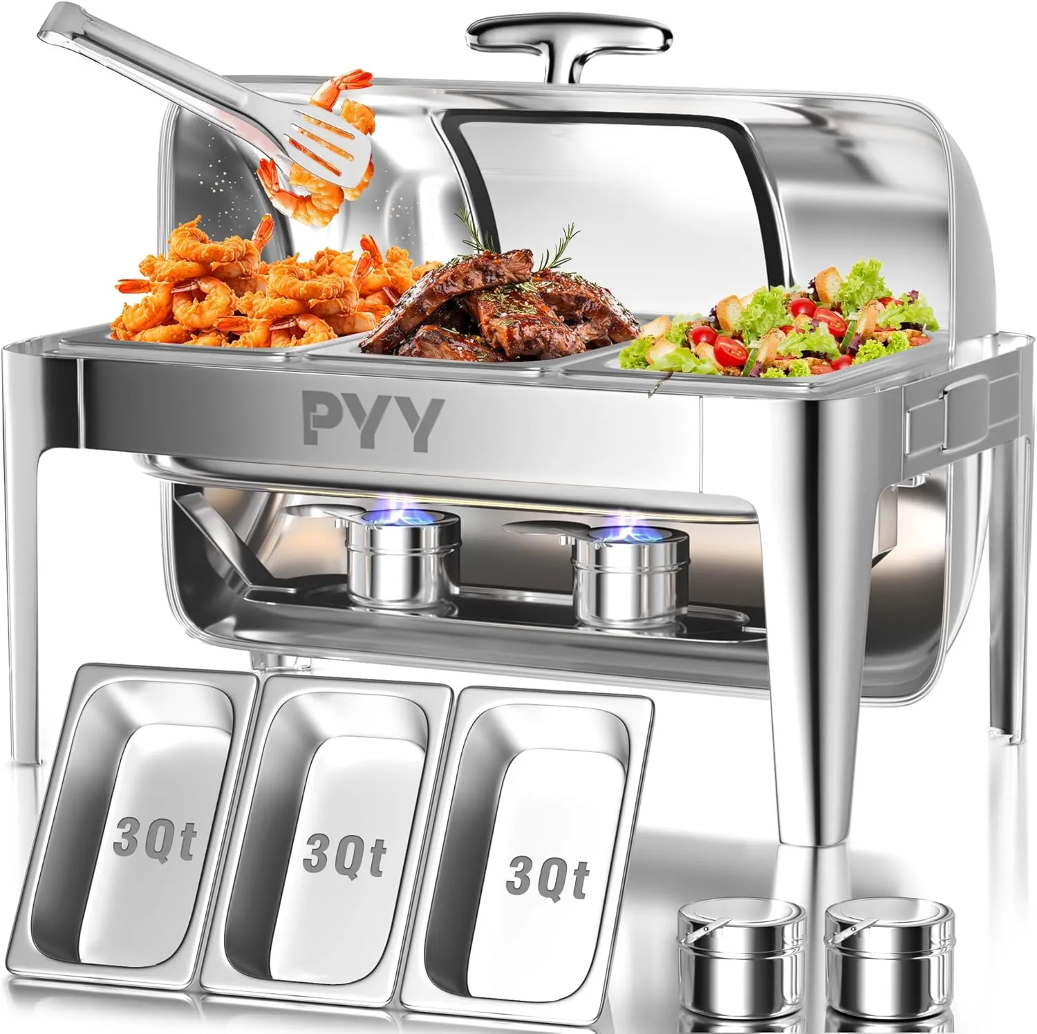 PYY Chafing Dishes for Buffet 9QT - Roll Top Chafing Dish Buffet Set with Third Chafing Pans, Commercial Stainless Steel Buffet Servers and Warmers Chafer for Catering, Parties and Restaurants