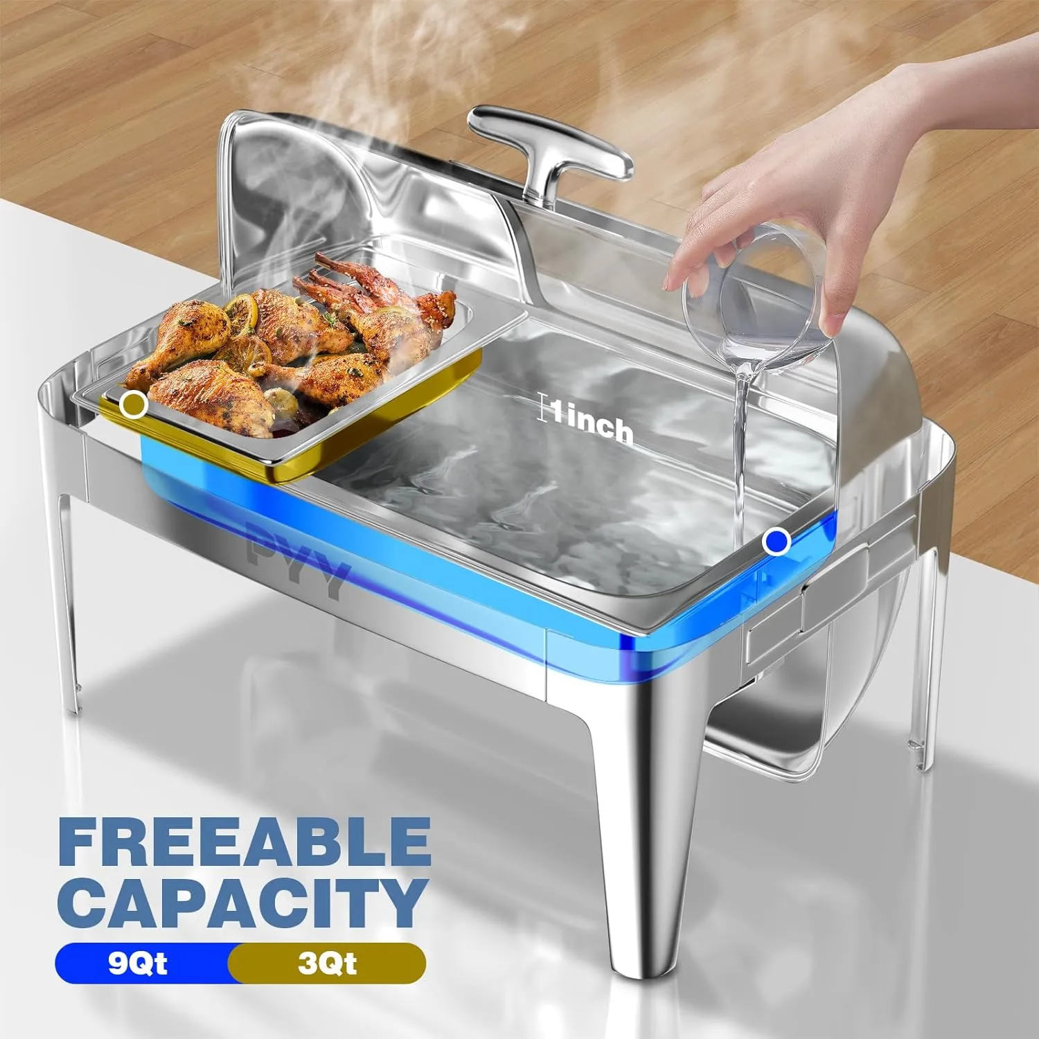 PYY Chafing Dishes for Buffet 9QT - Roll Top Chafing Dish Buffet Set with Third Chafing Pans, Commercial Stainless Steel Buffet Servers and Warmers Chafer for Catering, Parties and Restaurants