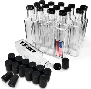 Quadra Bottles 8.5 Oz 15 Sets of Premium Commercial Grade Glass Square Bottle Leak Proof Airtight Plastic Screw Cap Lids Shrink Capsule - European Marasca 8.5 oz Bottle (Black 15sets 8.5oz 250ml)