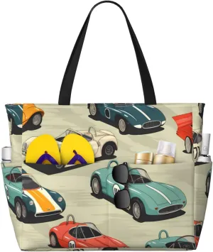 Race Car Beach Bag Vintage Pool Bag for Women Waterproof Large Travel Tote with Zipper Organizer for Swimming Vacation Essentials